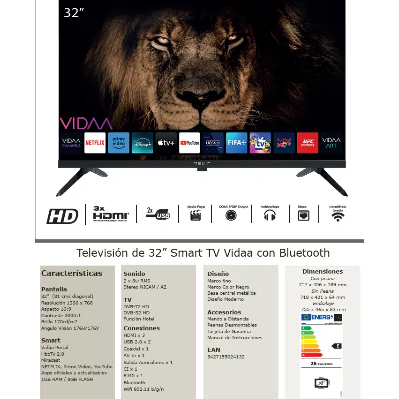 Televisor Nevir 32" HD Ready Smart TV LED VIDAA BT - Imagen 2
