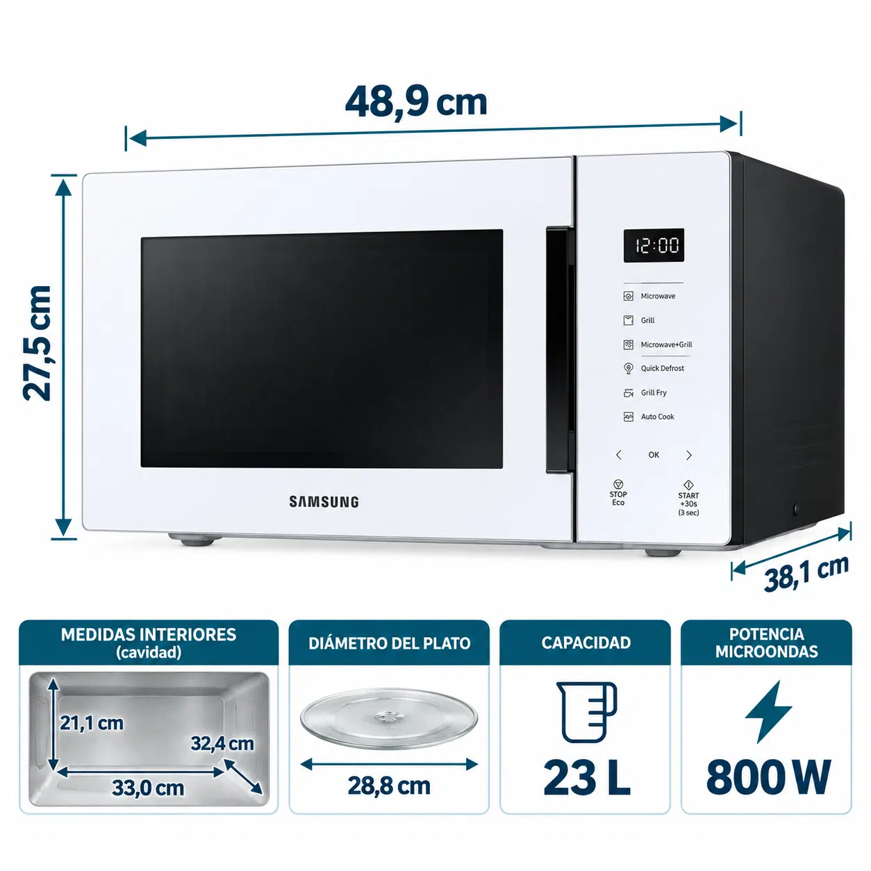 Microondas con Grill SAMSUNG MG23T5018CW/EC Blanco - Imagen 2
